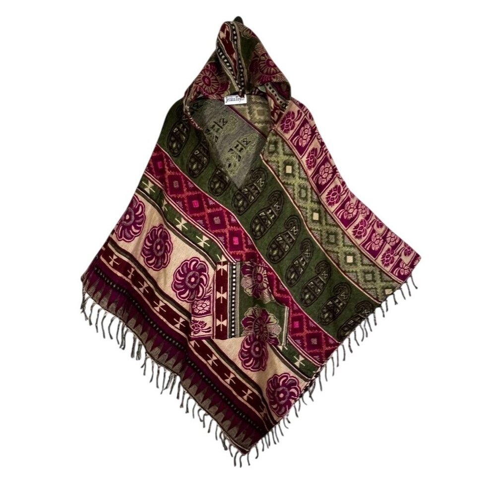 Colorful Floral Patchwork Wool Poncho Pink‎ OS Boho Indie Folk Festival Earthy